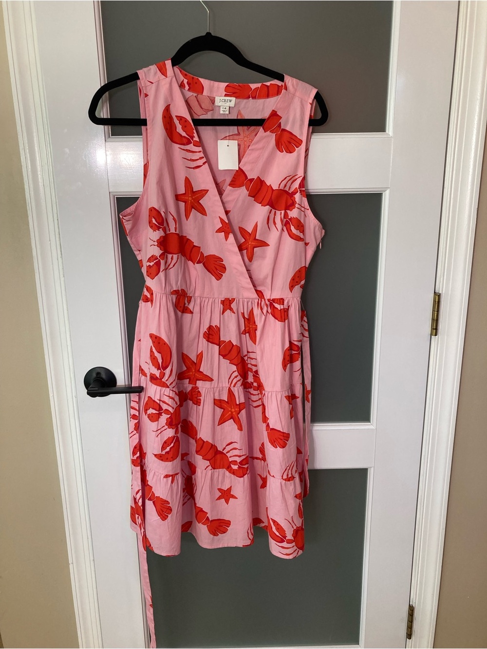 NWT J.Crew Pink Red Lobster Print Tiered Summer Dress Coastal Nautical - 14